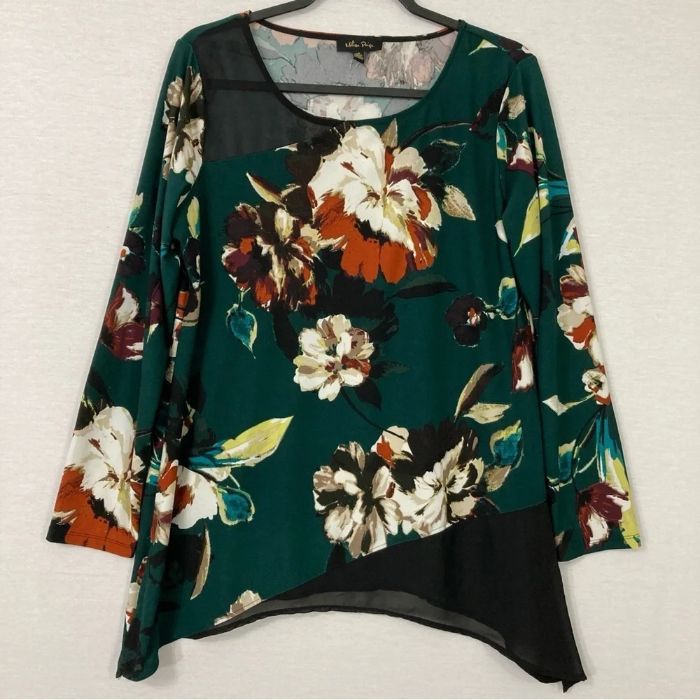 Melissa Paige Green Floral Asymmetric Hem Round Neck Stretch Pullover Top Large